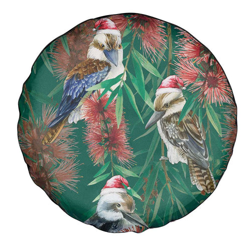 Australia Christmas Spare Tire Cover Kookaburra Santa on Callistemon - Forest Green