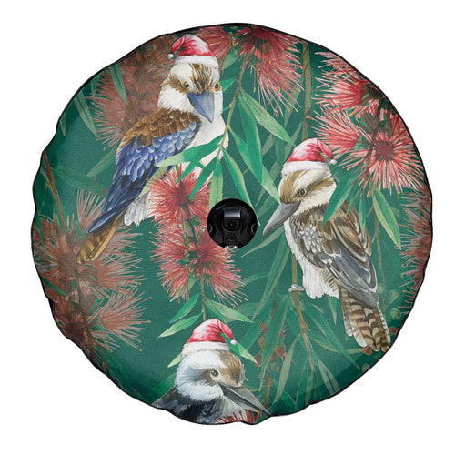 Australia Christmas Spare Tire Cover Kookaburra Santa on Callistemon - Forest Green