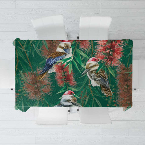 Australia Christmas Tablecloth Kookaburra Santa on Callistemon - Forest Green