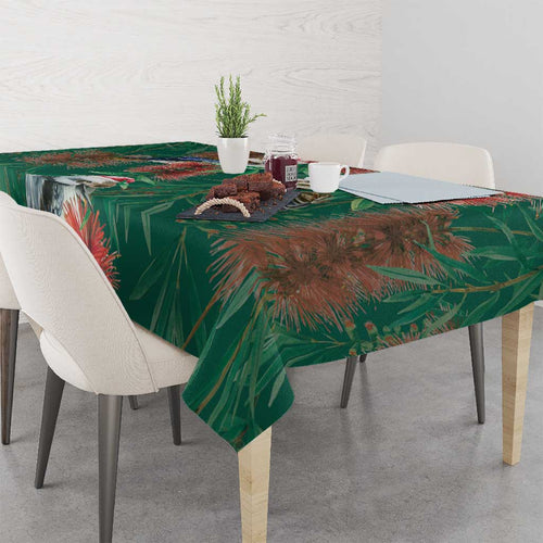 Australia Christmas Tablecloth Kookaburra Santa on Callistemon - Forest Green