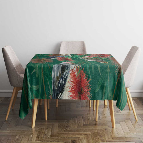 Australia Christmas Tablecloth Kookaburra Santa on Callistemon - Forest Green