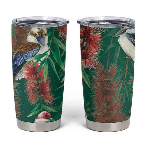 Australia Christmas Tumbler Cup Kookaburra Santa on Callistemon - Forest Green