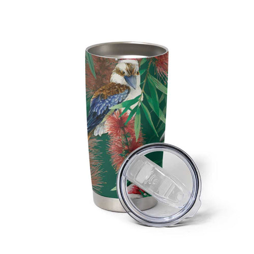 Australia Christmas Tumbler Cup Kookaburra Santa on Callistemon - Forest Green