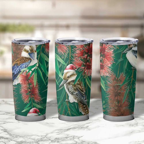 Australia Christmas Tumbler Cup Kookaburra Santa on Callistemon - Forest Green