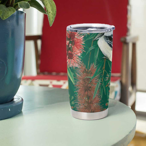 Australia Christmas Tumbler Cup Kookaburra Santa on Callistemon - Forest Green
