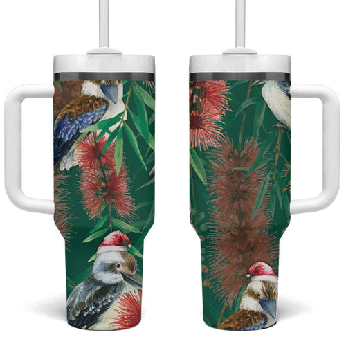 Australia Christmas Tumbler With Handle Kookaburra Santa on Callistemon - Forest Green