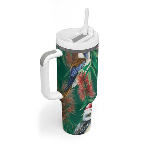 Australia Christmas Tumbler With Handle Kookaburra Santa on Callistemon - Forest Green