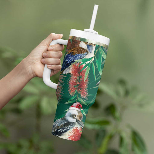 Australia Christmas Tumbler With Handle Kookaburra Santa on Callistemon - Forest Green