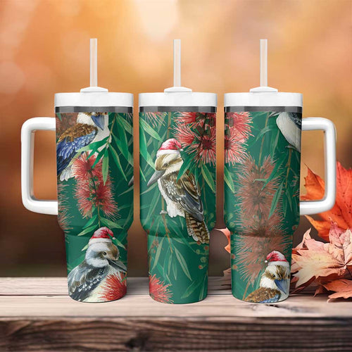 Australia Christmas Tumbler With Handle Kookaburra Santa on Callistemon - Forest Green