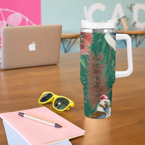 Australia Christmas Tumbler With Handle Kookaburra Santa on Callistemon - Forest Green