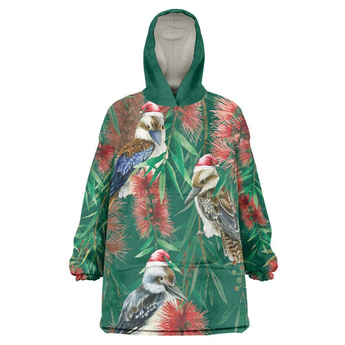 Australia Christmas Wearable Blanket Hoodie Kookaburra Santa on Callistemon - Forest Green