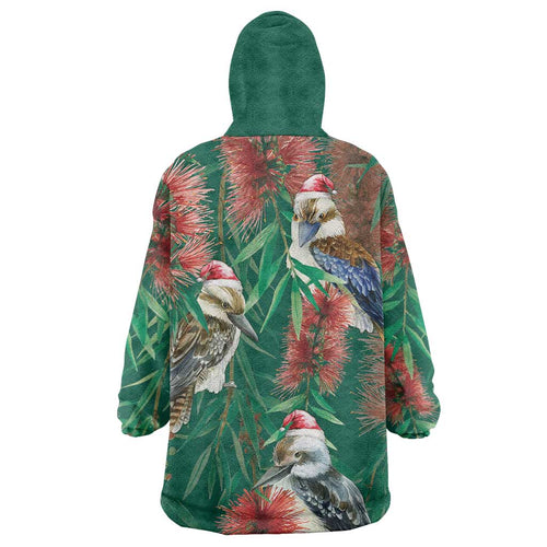 Australia Christmas Wearable Blanket Hoodie Kookaburra Santa on Callistemon - Forest Green