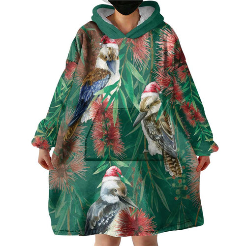 Australia Christmas Wearable Blanket Hoodie Kookaburra Santa on Callistemon - Forest Green