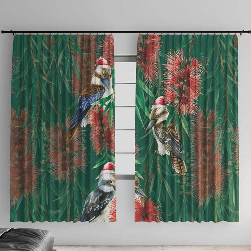 Australia Christmas Window Curtain Kookaburra Santa on Callistemon - Forest Green