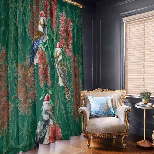 Australia Christmas Window Curtain Kookaburra Santa on Callistemon - Forest Green
