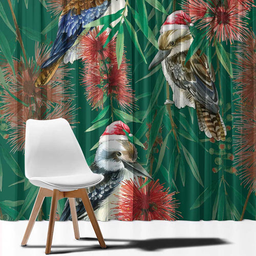 Australia Christmas Window Curtain Kookaburra Santa on Callistemon - Forest Green