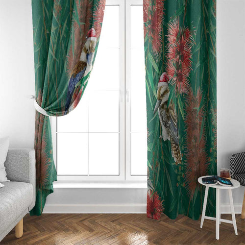Australia Christmas Window Curtain Kookaburra Santa on Callistemon - Forest Green