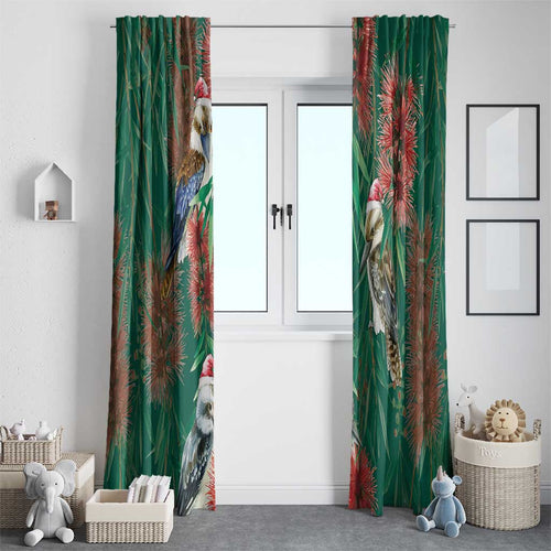 Australia Christmas Window Curtain Kookaburra Santa on Callistemon - Forest Green