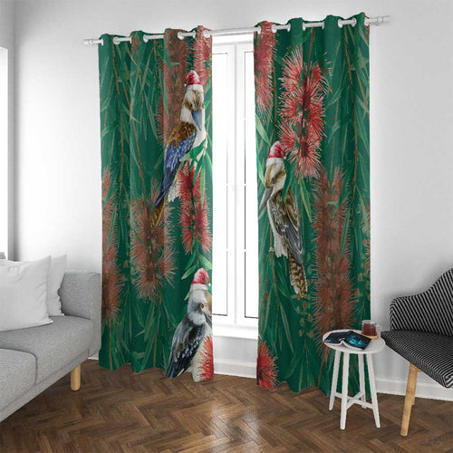 Australia Christmas Window Curtain Kookaburra Santa on Callistemon - Forest Green