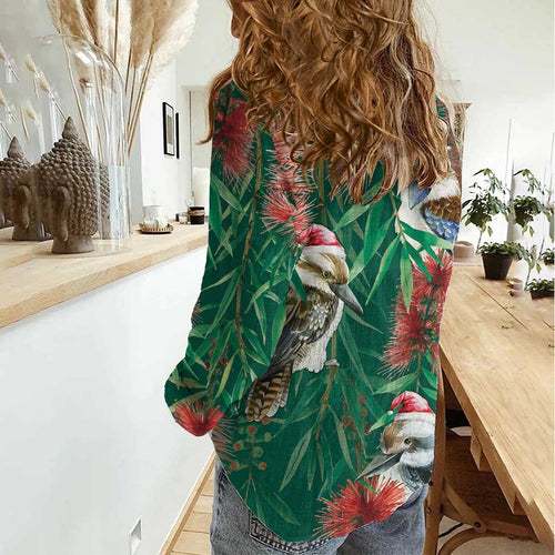 Australia Christmas Women Casual Shirt Kookaburra Santa on Callistemon - Forest Green