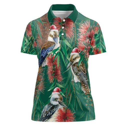 Australia Christmas Women Polo Shirt Kookaburra Santa on Callistemon - Forest Green