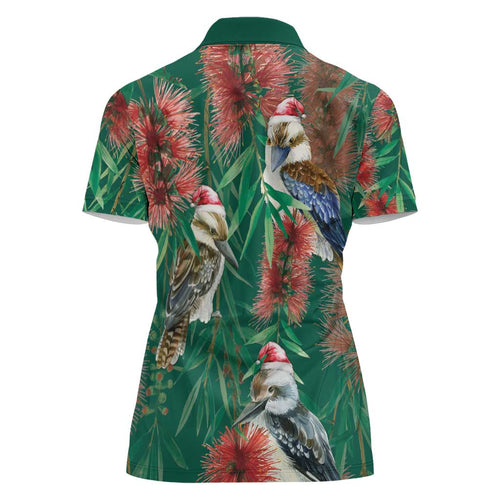 Australia Christmas Women Polo Shirt Kookaburra Santa on Callistemon - Forest Green