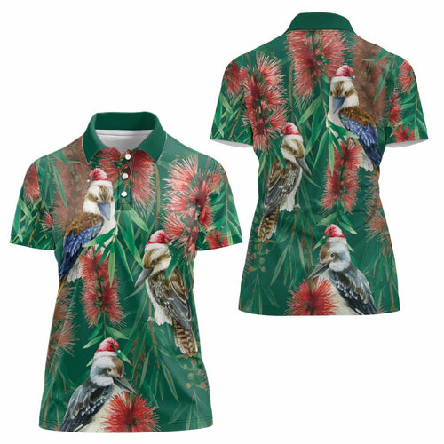 Australia Christmas Women Polo Shirt Kookaburra Santa on Callistemon - Forest Green