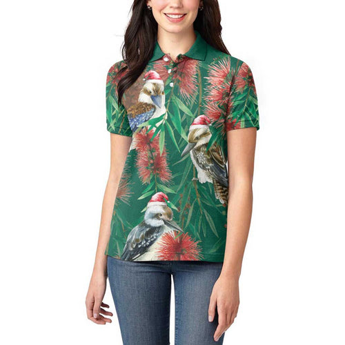 Australia Christmas Women Polo Shirt Kookaburra Santa on Callistemon - Forest Green