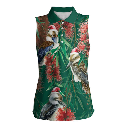 Australia Christmas Women Sleeveless Polo Shirt Kookaburra Santa on Callistemon - Forest Green