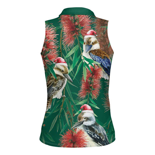 Australia Christmas Women Sleeveless Polo Shirt Kookaburra Santa on Callistemon - Forest Green