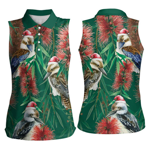 Australia Christmas Women Sleeveless Polo Shirt Kookaburra Santa on Callistemon - Forest Green
