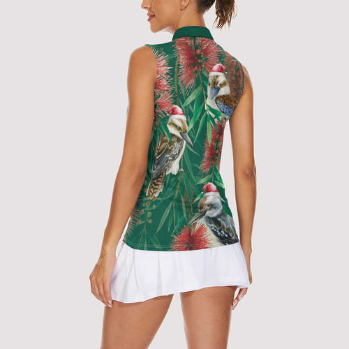 Australia Christmas Women Sleeveless Polo Shirt Kookaburra Santa on Callistemon - Forest Green