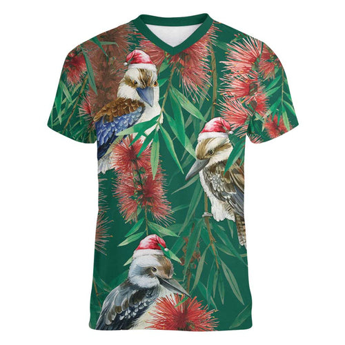 Australia Christmas Women V-Neck T-Shirt Kookaburra Santa on Callistemon - Forest Green