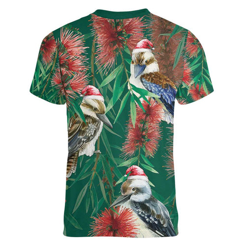 Australia Christmas Women V-Neck T-Shirt Kookaburra Santa on Callistemon - Forest Green