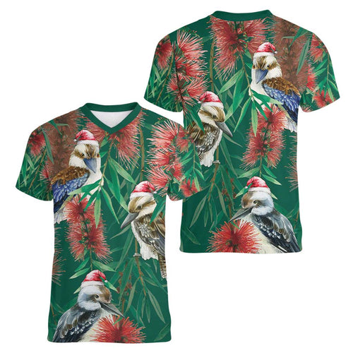 Australia Christmas Women V-Neck T-Shirt Kookaburra Santa on Callistemon - Forest Green