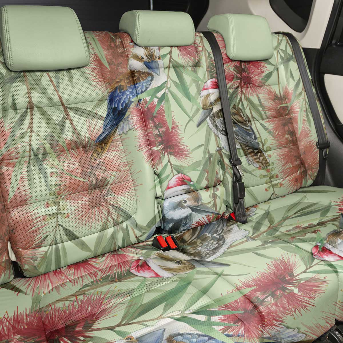 Australia Christmas Back Car Seat Cover Kookaburra Santa on Callistemon - Pastel