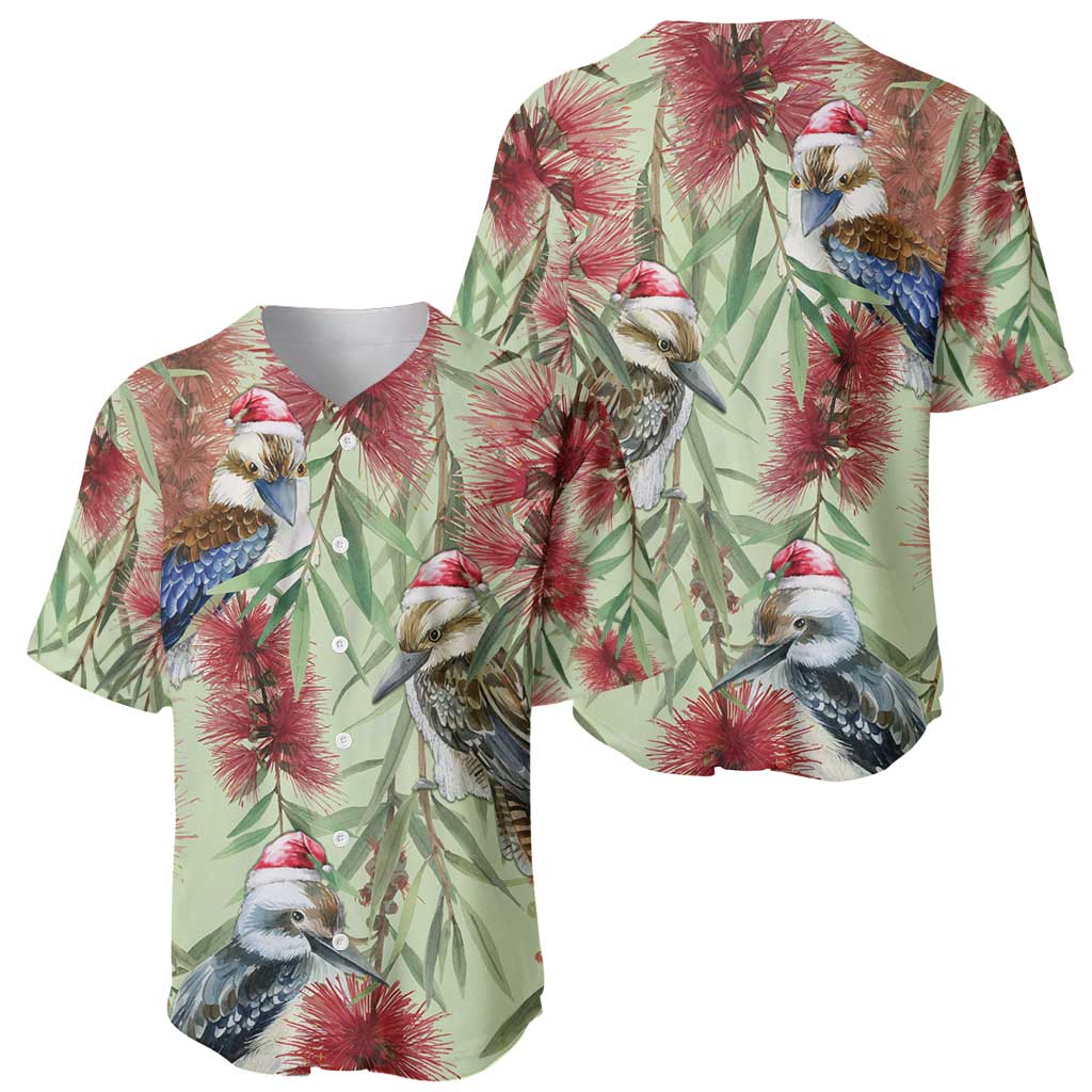 Australia Christmas Baseball Jersey Kookaburra Santa on Callistemon - Pastel