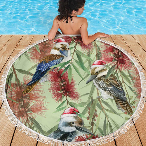 Australia Christmas Beach Blanket Kookaburra Santa on Callistemon - Pastel