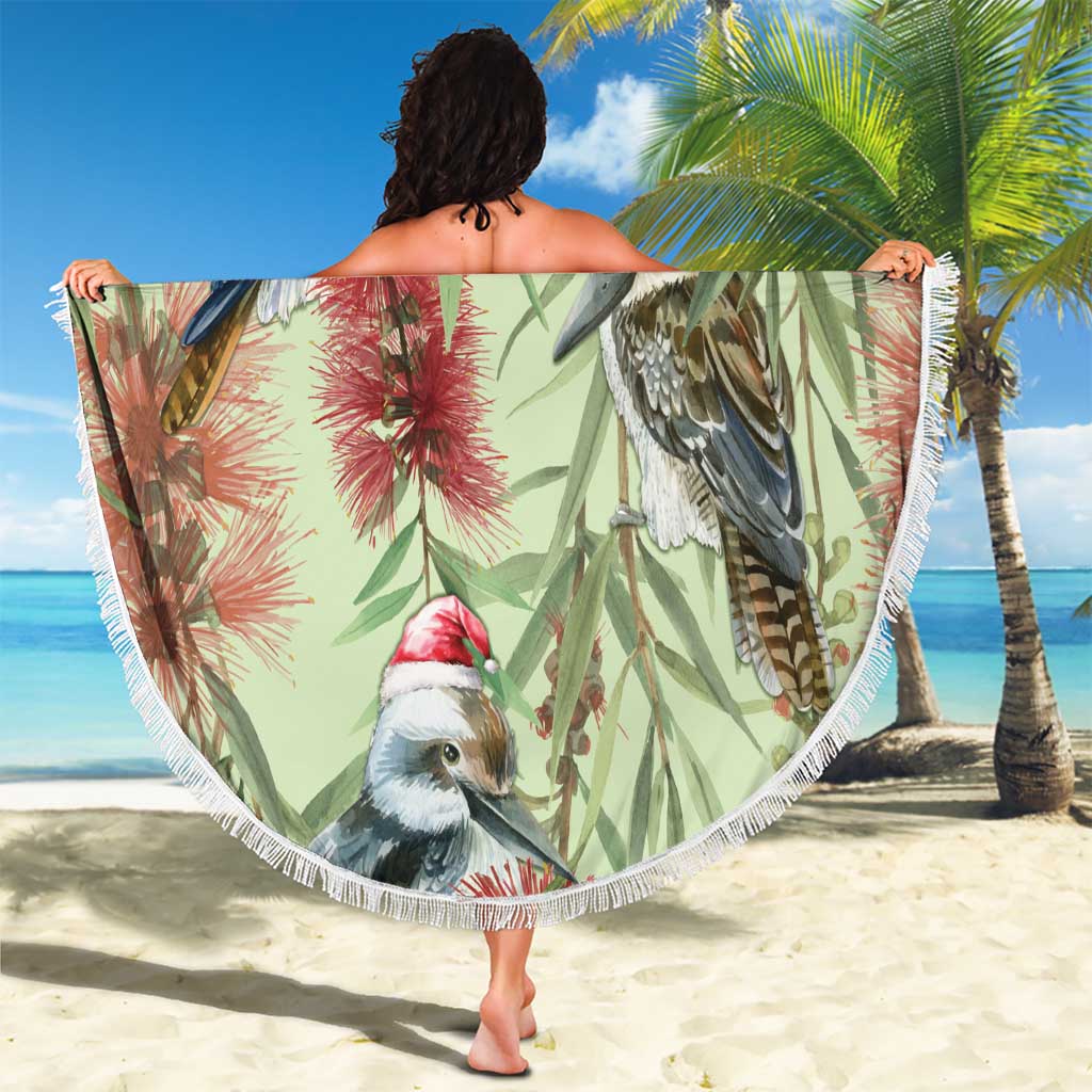 Australia Christmas Beach Blanket Kookaburra Santa on Callistemon - Pastel