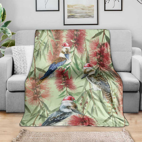 Australia Christmas Blanket Kookaburra Santa on Callistemon - Pastel