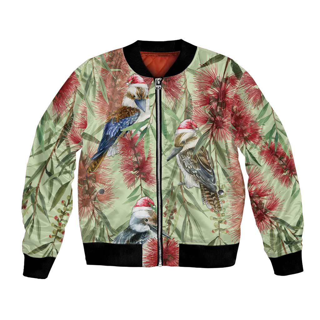Australia Christmas Bomber Jacket Kookaburra Santa on Callistemon - Pastel