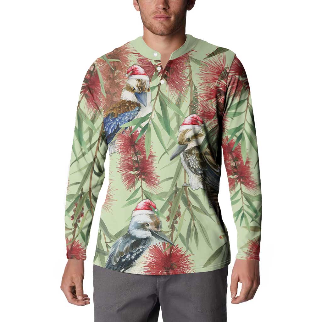 Australia Christmas Button Sweatshirt Kookaburra Santa on Callistemon - Pastel