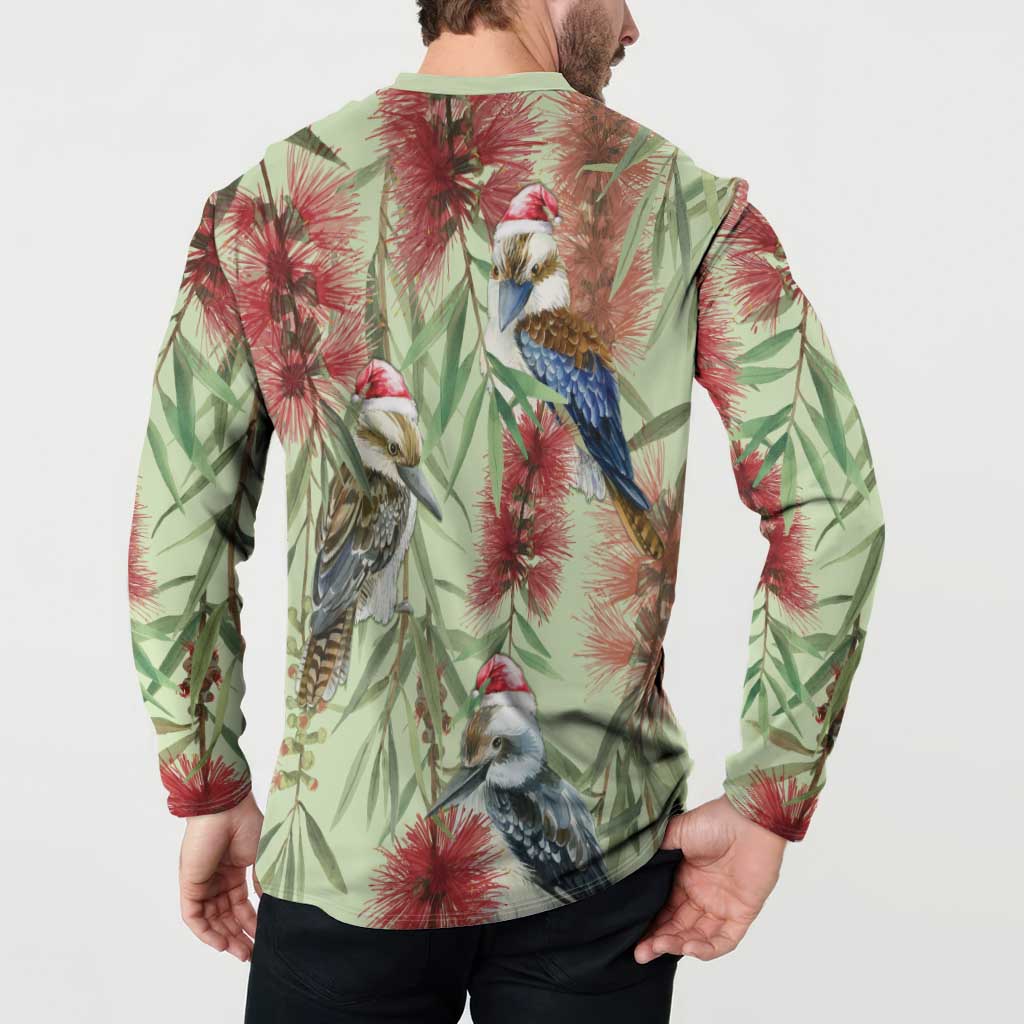 Australia Christmas Button Sweatshirt Kookaburra Santa on Callistemon - Pastel