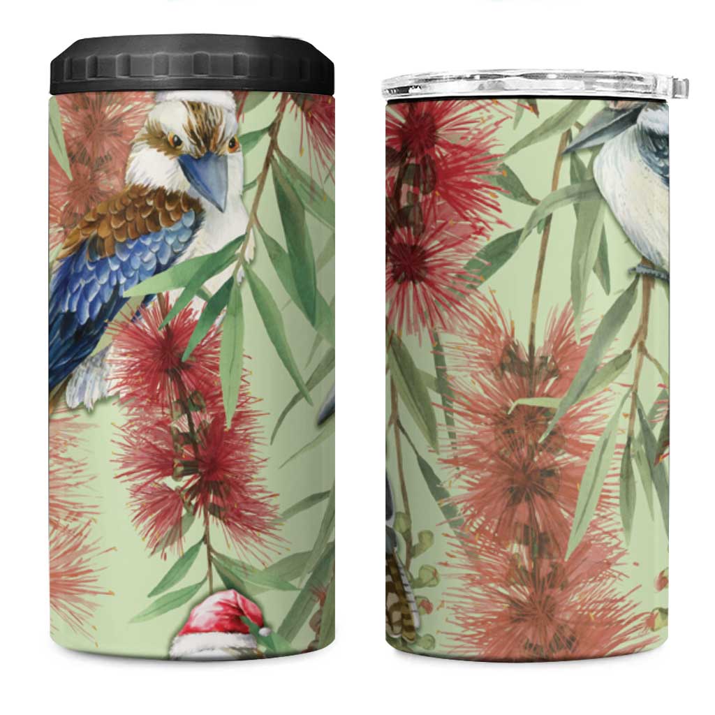 Australia Christmas 4 in 1 Can Cooler Tumbler Kookaburra Santa on Callistemon - Pastel