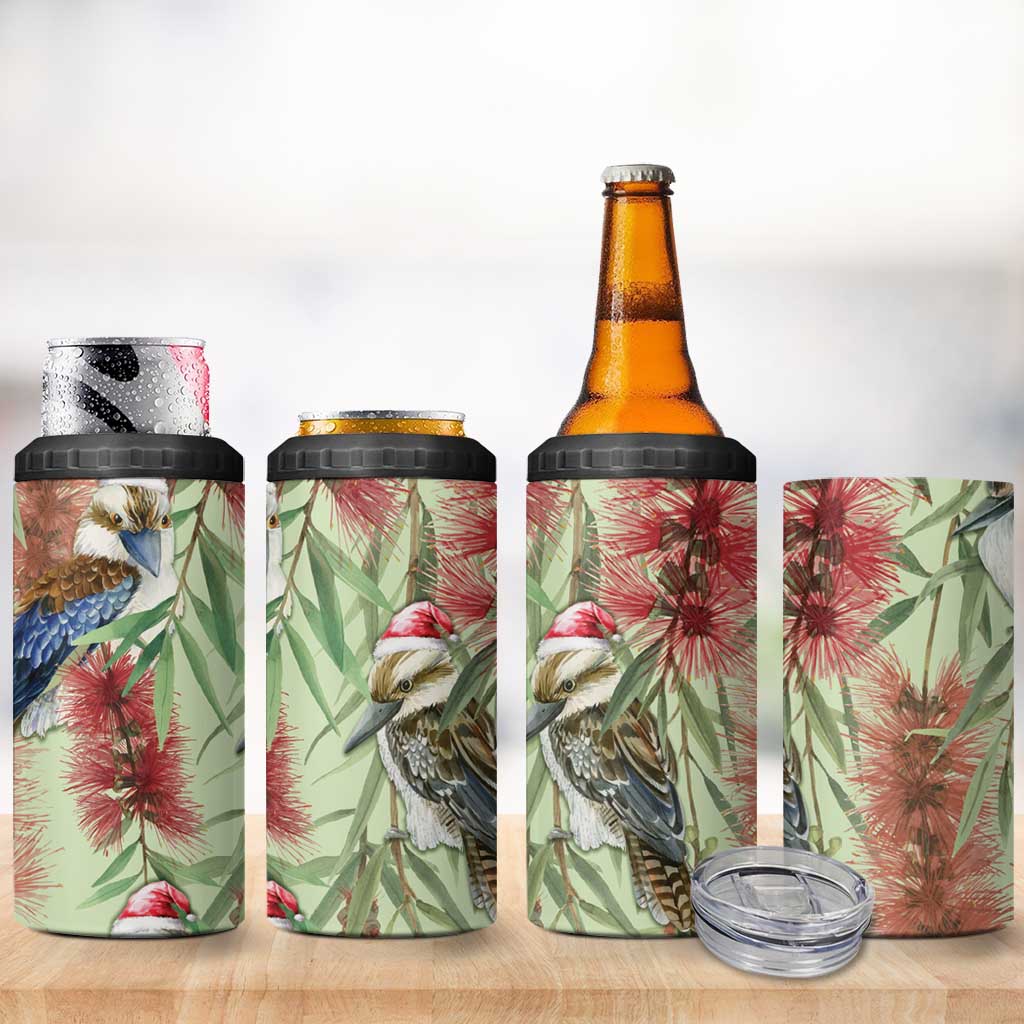 Australia Christmas 4 in 1 Can Cooler Tumbler Kookaburra Santa on Callistemon - Pastel