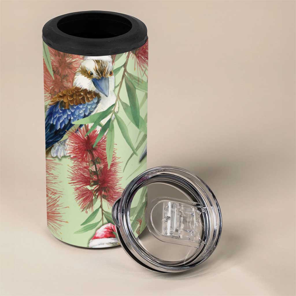 Australia Christmas 4 in 1 Can Cooler Tumbler Kookaburra Santa on Callistemon - Pastel