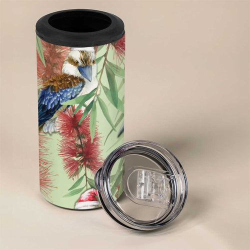 Australia Christmas 4 in 1 Can Cooler Tumbler Kookaburra Santa on Callistemon - Pastel
