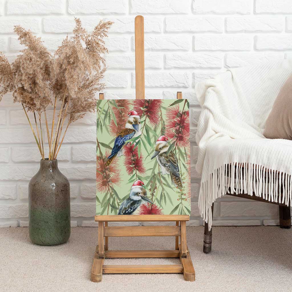 Australia Christmas Canvas Wall Art Kookaburra Santa on Callistemon - Pastel
