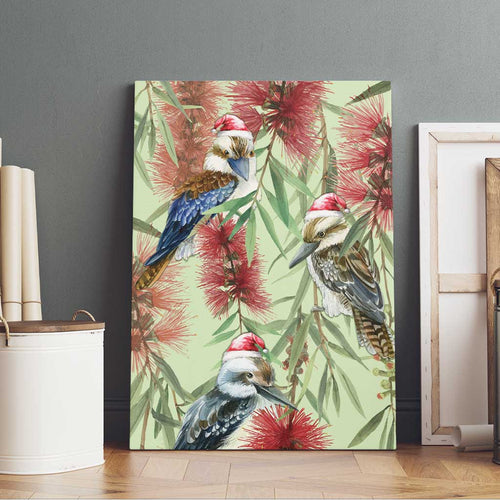 Australia Christmas Canvas Wall Art Kookaburra Santa on Callistemon - Pastel