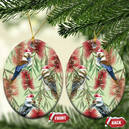 Australia Christmas Ceramic Ornament Kookaburra Santa on Callistemon - Pastel